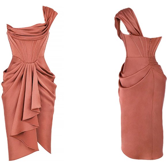 House of CB ‘Janis’ Rouge Satin One Shoulder Draped Midi Dress NWOT - Picture 12 of 17